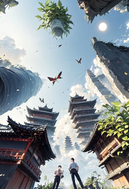 bug, sky, pagoda, torn pants, multiple boys, forehead mark, blurry, ofuda, holding cup, plant