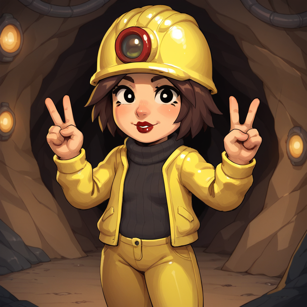 score_9_up, score_8_up, BREAK, TinaFlan, 1girl, solo, brown hair, short hair, black eyes, lipstick, yellow helmet, turtleneck sweater, yellow jacket, yellow pants, cowboy shot,  <lora:TinaFlan_Spelunky2_PXL_Leaf1:0.8>, cave interior, double v,