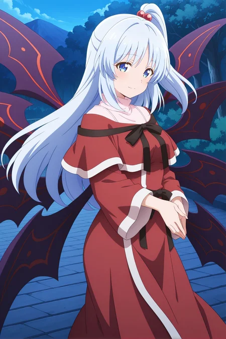 absurdres, highres, masterpiece, best quality, amazing quality, official anime artwork, screencap, anime screencap, outdoors, looking at viewer, light smile, dynamic pose, standing,
<lora:Shinki_Illustrious:1> shinki, 1girl, solo, blue eyes, white hair, long hair, high side ponytail, small breasts, multiple wings, demon wings,, hair bobbles, black ribbon, red capelet, red dress, wide sleeves,