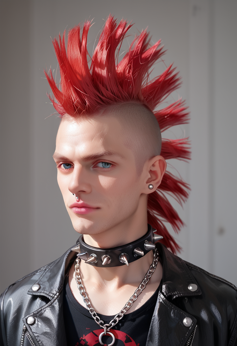 score_9, score_8_up, score_7_up, score_6_up, score_5_up, score_4_up,  1boy, solo, piercing, leather jacket, multiple chain necklaces, shirt, spiked collar, o-ring, pink lips, hud_m0hawk, mohawk, very short hair, red hair, <lora:mohawk:0.8> , portrait