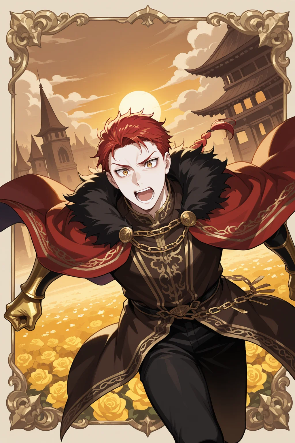 masterpiece, best quality, good quality, newest, highres, incredibly_absurdres, bright colors, perfect quality, absolutely eye-catching, detailed background, detailed face, detailed eyes, detailed, (dramatic angle, Storytelling visuals), 1man, male focus, solo, bishounen, tsurime, (manly), gay, yaoi, (((mature male))), guy,pale skin, gold eyes, red hair, very short hair, long braid, high collar, black cape, cloak chain, red doublet, (fur trim), vambraces, black pants, brown boots, black and red robe with gold embroidery, red cloak, black fur, golden hands, fire sorcerer, dragon sorcerer, clear day, sunset, architecture, brown theme, building, cloud, cloudy sky, outdoors, cheerful, happy, open mouth, flower field , surreal, run, running, laugh, yellow rose, shot of a Emerald Iris deep focus, yellow flowers, drama, outside border, Intricate, Vibrant colors, Soft Shading, Simplistic Features, Sharp Angles, Playful, S-shaped composition, cowboy shot, (dynamic pose), DRTwstd <lora:Daars_style_-_Twisted_Wonderland:0.8>