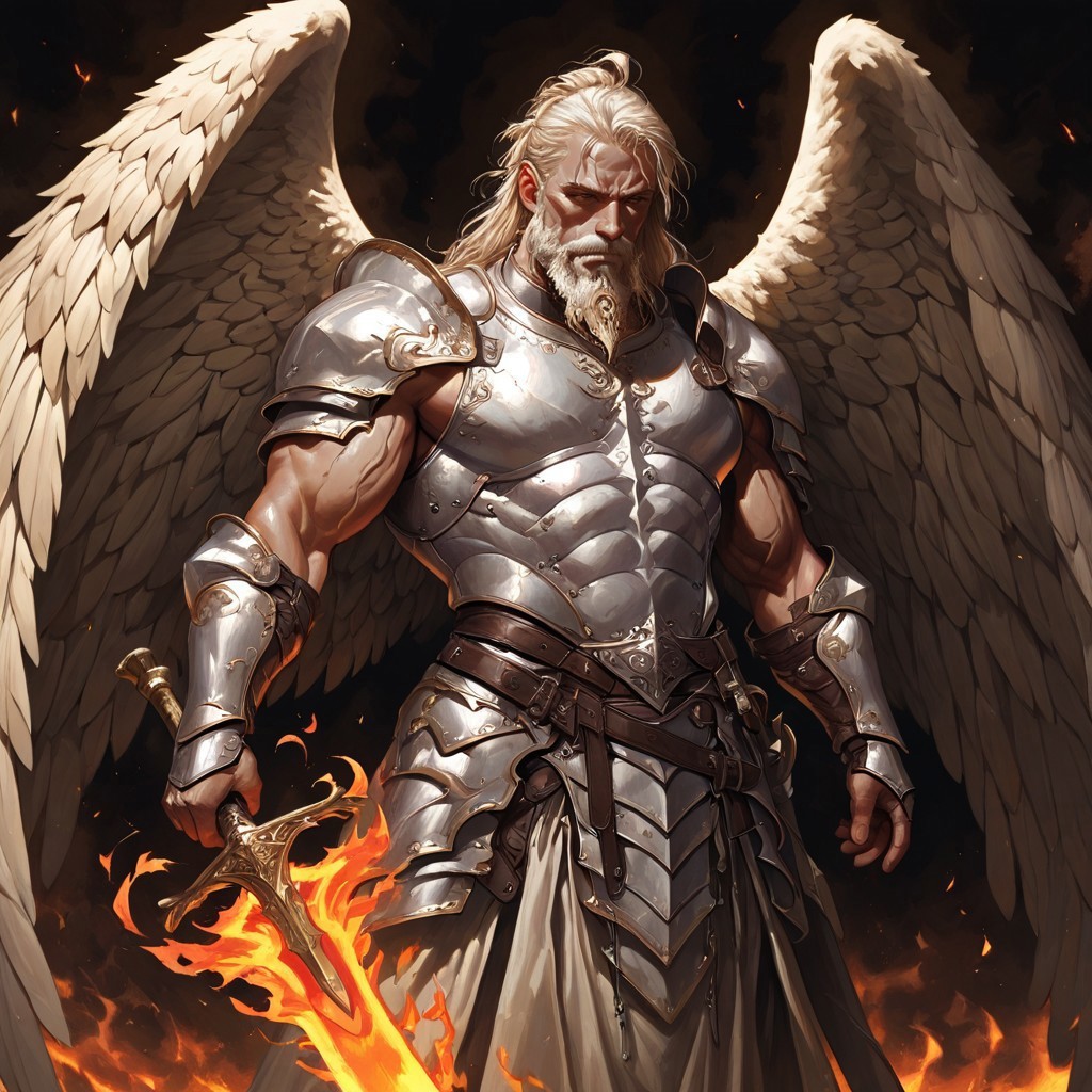 masterpiece, best quality, newest, absurdres, highres, 
HFMV1.0, 1boy, angel, angel wings, beard, armor, sword, holding, holding sword, holding weapon, manly, muscular male, fire, fire sword, flame sword,
