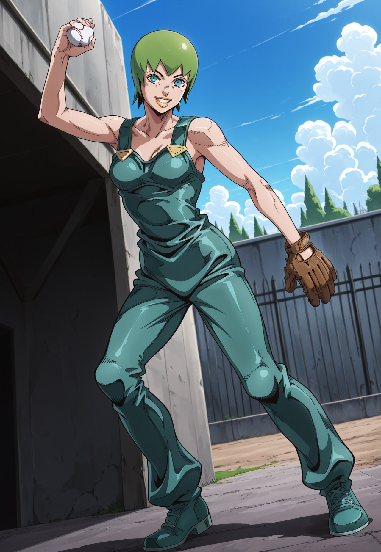 (masterpiece, amazing quality, best quality, anime coloring, detailed),very aesthetic, illustration, perfect composition, intricate details, absurdres, incredibly absurdres, (((1girl, solo, FooFighters, Green Hair, Short Hair, Cyan Eyes, Yellow Lipstick, Teal Overalls, Gold Buttons, perfect face, detailed eyes))),dutch angle, Prison Fence, Courtyard, Full Body, Standing, about to throw a baseball, reeling arm back, wearing a baseball glove on her left hand, Looking At Viewer, Grin, Sky, Clouds, Original Style