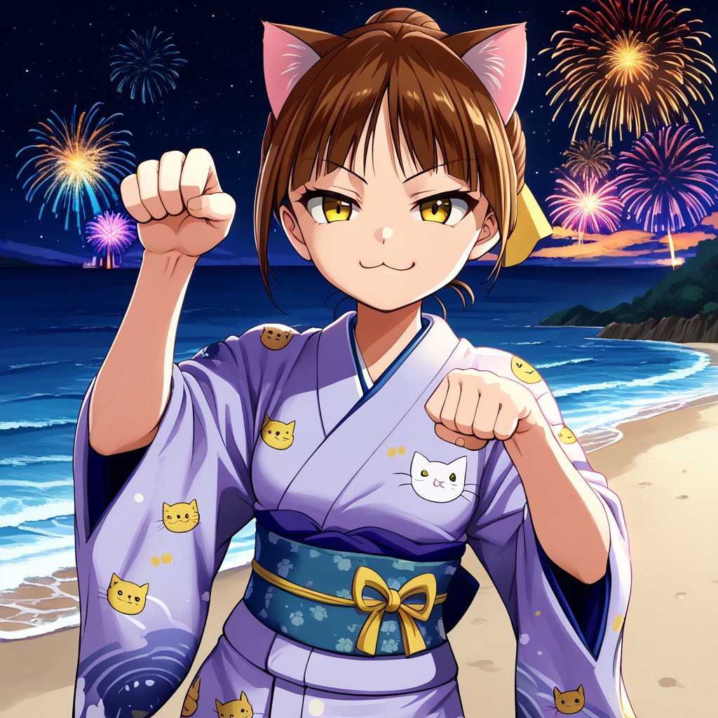neko-musume, 1girl, solo, brown hair, yellow eyes, smug, paw pose, Japanese clothes, kimono, cat print kimono, starry sky, fireworks, beach, ocean