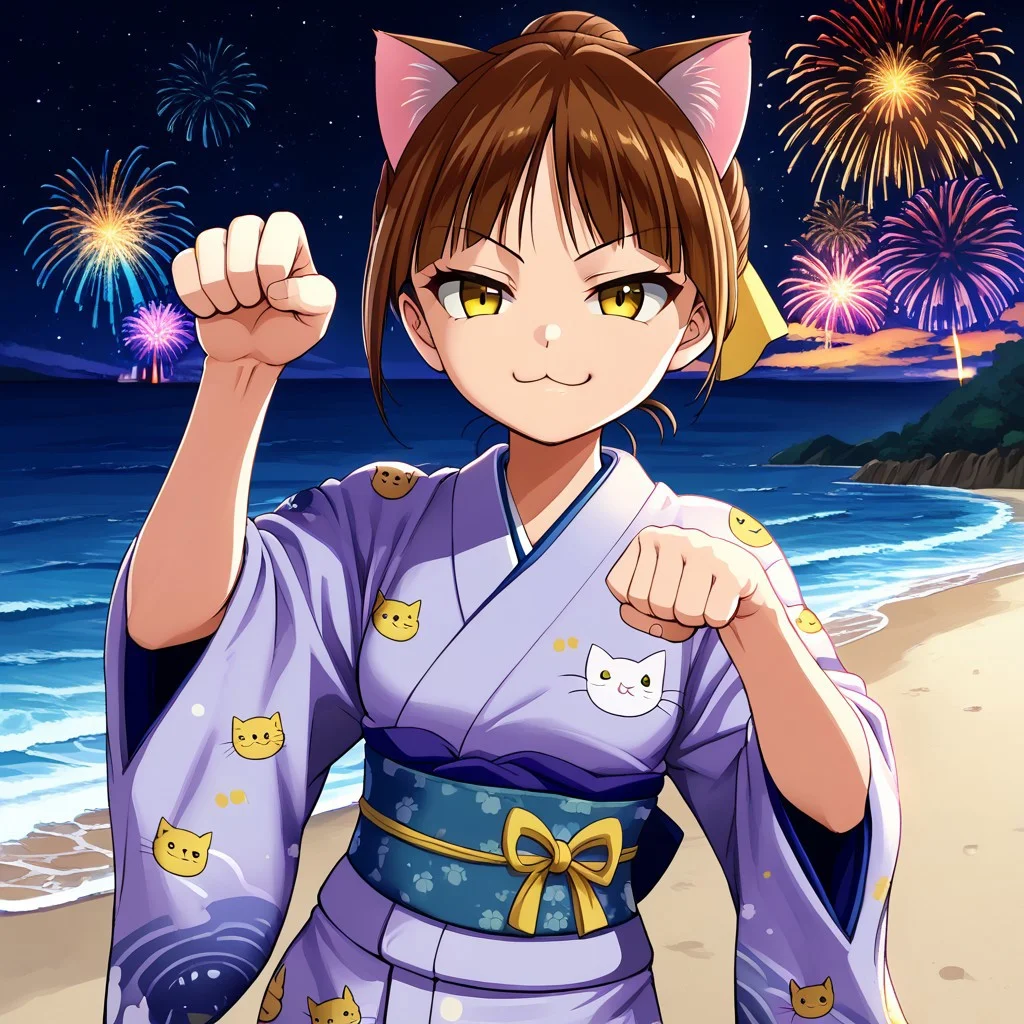 neko-musume, 1girl, solo, brown hair, yellow eyes, smug, paw pose, Japanese clothes, kimono, cat print kimono, starry sky, fireworks, beach, ocean
