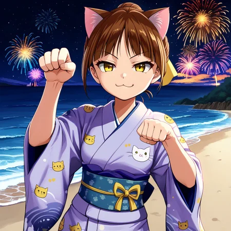 neko-musume, 1girl, solo, brown hair, yellow eyes, smug, paw pose, Japanese clothes, kimono, cat print kimono, starry sky, fireworks, beach, ocean