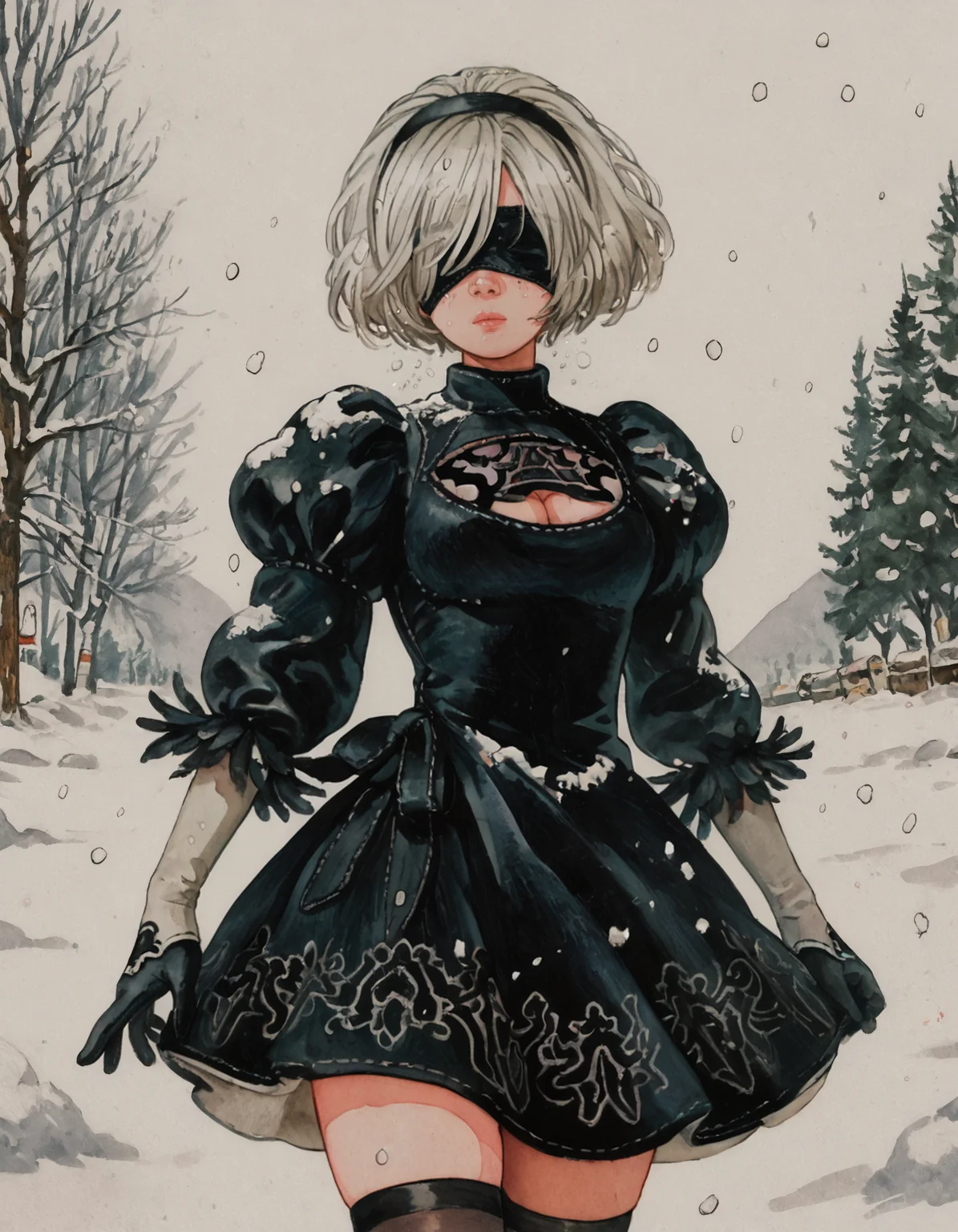 score_9, score_8_up, score_7_up, 1girl, solo, snow, <lora:QT_Comicstrip_Style:1> source_cartoon, source_anime, copic marker, watercolor_effect, marker, inking, drawing, vivid, colorful, flat_color, <lora:2b-PDXL-V1(test):1> 2b, long_sleeves, gloves, dress, cleavage,black_gloves, puffy_sleeves, black_thighhighs, mole, black_dress, clothing_cutout, cleavage_cutout, black_hairband, juliet_sleeves, mole_under_mouth, blindfold, vambraces, covered_eyes, black_blindfold
