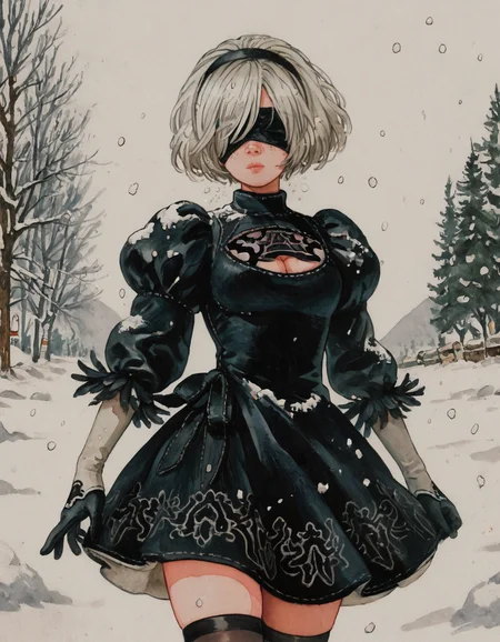 score_9, score_8_up, score_7_up, 1girl, solo, snow, <lora:QT_Comicstrip_Style:1> source_cartoon, source_anime, copic marker, watercolor_effect, marker, inking, drawing, vivid, colorful, flat_color, <lora:2b-PDXL-V1(test):1> 2b, long_sleeves, gloves, dress, cleavage,black_gloves, puffy_sleeves, black_thighhighs, mole, black_dress, clothing_cutout, cleavage_cutout, black_hairband, juliet_sleeves, mole_under_mouth, blindfold, vambraces, covered_eyes, black_blindfold