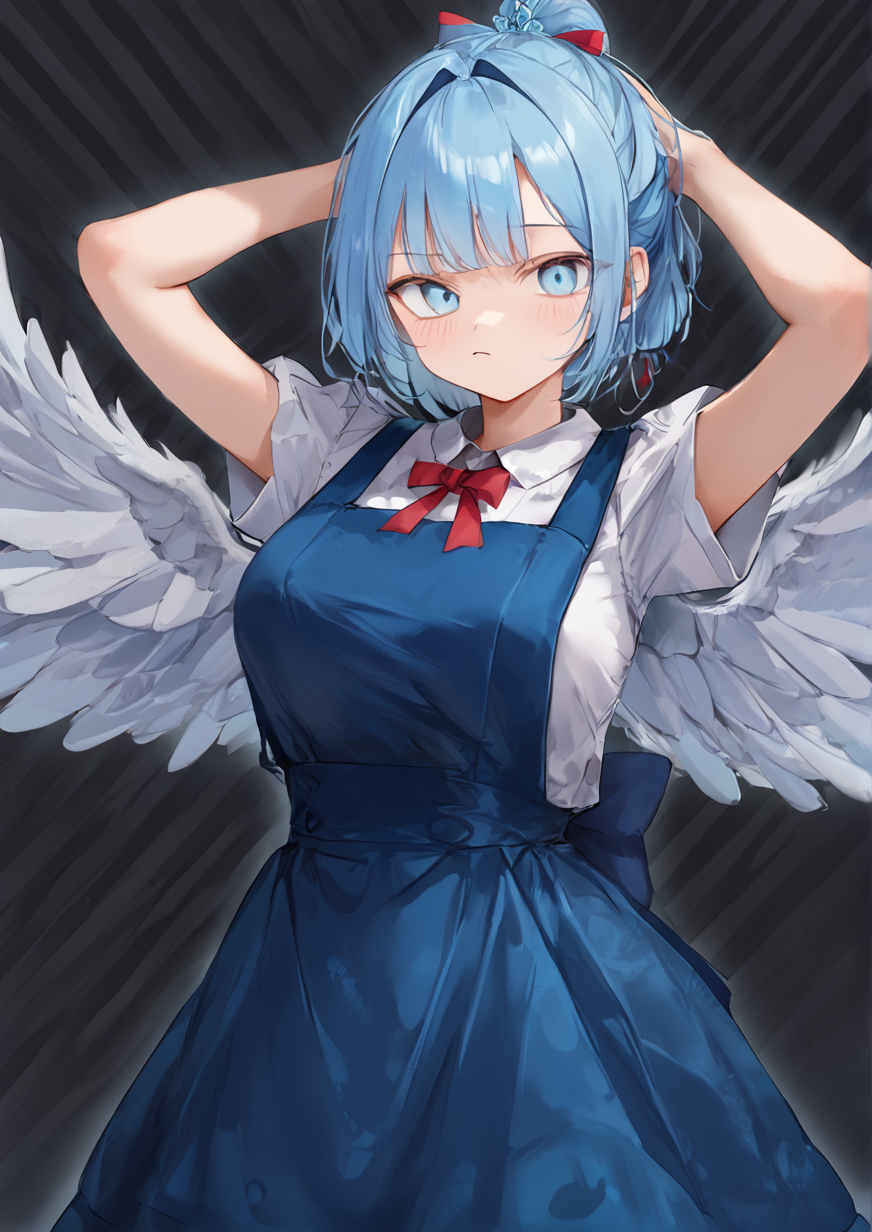 1girl, cirno, huge breast, arms up, barefoot, black background, blue bow, blue dress, blue eyes, blue hair, bow, breasts, dress, floating clothes, hair bow, hair ribbon, half updo, hands on own head, light frown, looking at viewer, neck ribbon, pinafore dress, puffy short sleeves, puffy sleeves, red ribbon, ribbon, shirt, short hair, short sleeves, sideways glance, sleeveless, sleeveless dress, snowflake background, solo, striped, striped background, white shirt, wings, <lora:Pepa:1>