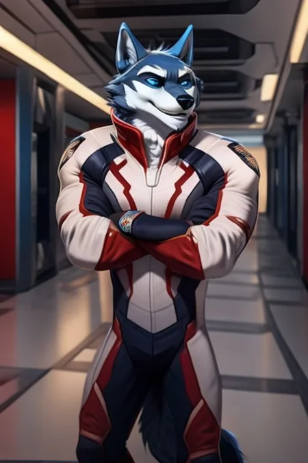 ASCIIFull view, male, cartoon wolf, ((wolf tail)) wearing racing suit, white boots, solo, smirk, arms crossed, detailed lobby background, detailed blue wolf eyes, by Darkgem, 4k