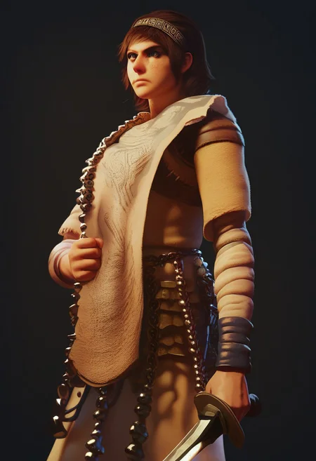 ,score_9, score_8_up, score_7_up,
SOTCWanda, 1girl, solo, simple background, brown hair, holding, weapon, hairband, sword, holding weapon, armor, holding sword, black background, freckles, realistic, chainmail, surcoat
