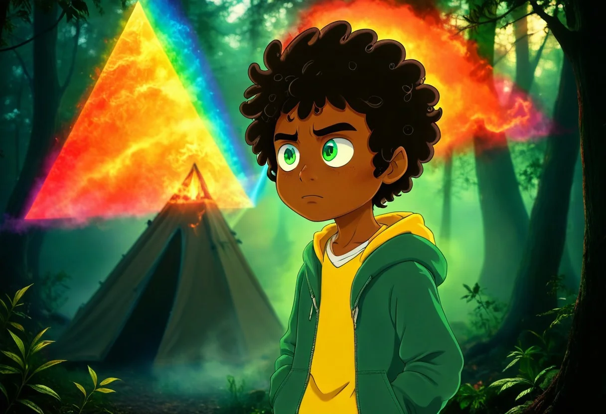 max (camp camp), dark fantasy theme, rainbow colored silhouette outline against a dark background,max (camp camp), 1boy, solo, human, male focus, curly black hair, curly tousled black hair, afro, dark skin, dark-skinned male, large eyes, round eyes, green eyes,small nose, triangular nose, pointed nose, beautiful forest horror, anime, magical fantasy, plasma pattern, dark lights
,epic, cinematic colors, masterpiece, detailmaximizer, midjourneyv6.1