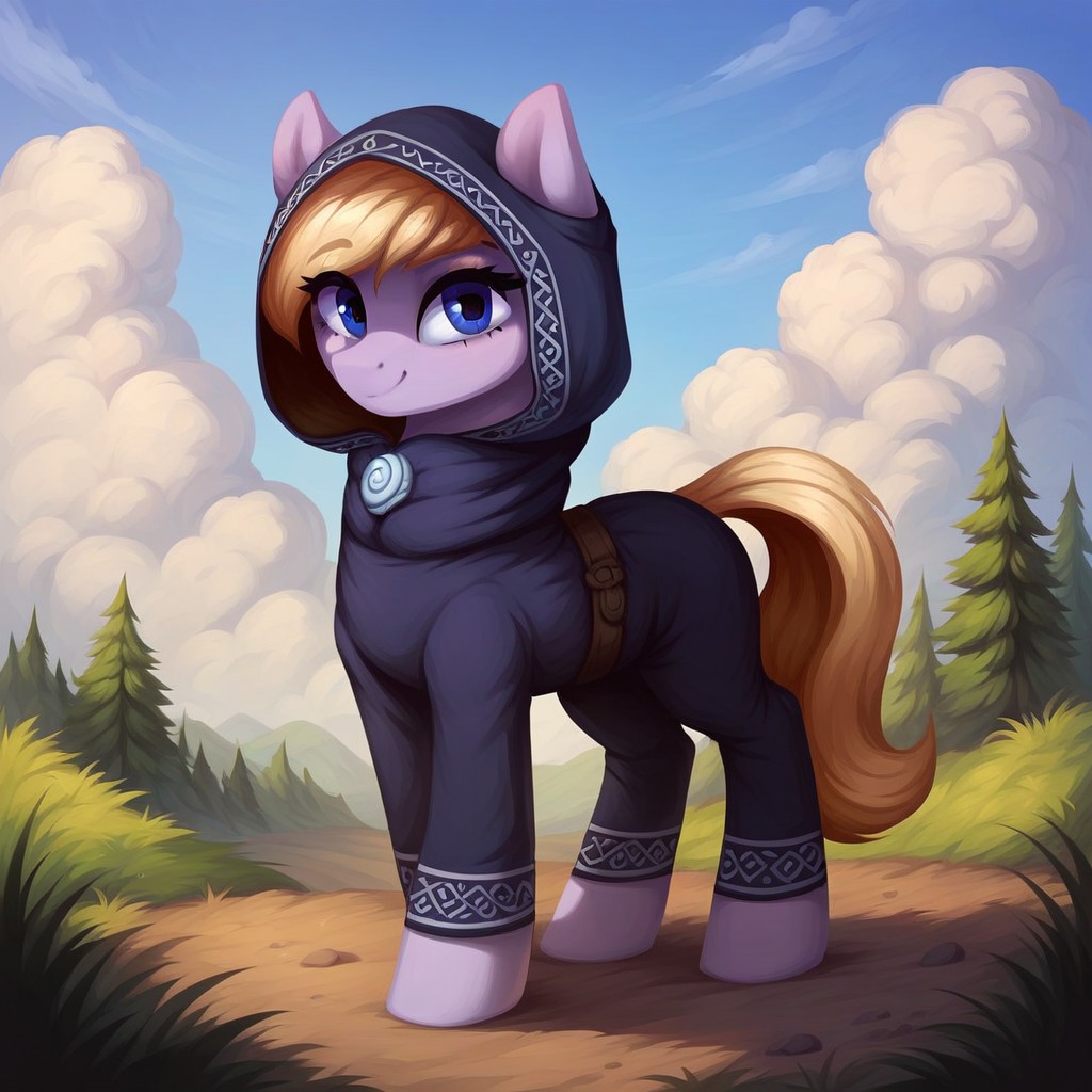 masterpiece, score_9_up, score_8_up, score_7_up, score_6_up, (best quality:1.1), ultra-detailed, high resolution, solo, Eathelin, pony, mlp, feral, midnight blue eyes, mare, female, pony ears, orchid purple skin, midnight blue eyes, thin eyebrows, long eyelashes, short blonde mane, tail, smile, monk's robe, dark hood BREAK outside, outdoors, spruce forest in the background, standing on a hill, calm expression, sky, sharp focus, highly detailed clouds and terrain, sharp focus, anatomically correct, detailed background