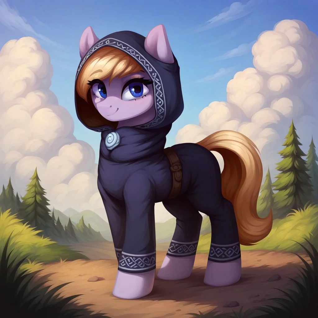 masterpiece, score_9_up, score_8_up, score_7_up, score_6_up, (best quality:1.1), ultra-detailed, high resolution, solo, Eathelin, pony, mlp, feral, midnight blue eyes, mare, female, pony ears, orchid purple skin, midnight blue eyes, thin eyebrows, long eyelashes, short blonde mane, tail, smile, monk's robe, dark hood BREAK outside, outdoors, spruce forest in the background, standing on a hill, calm expression, sky, sharp focus, highly detailed clouds and terrain, sharp focus, anatomically correct, detailed background