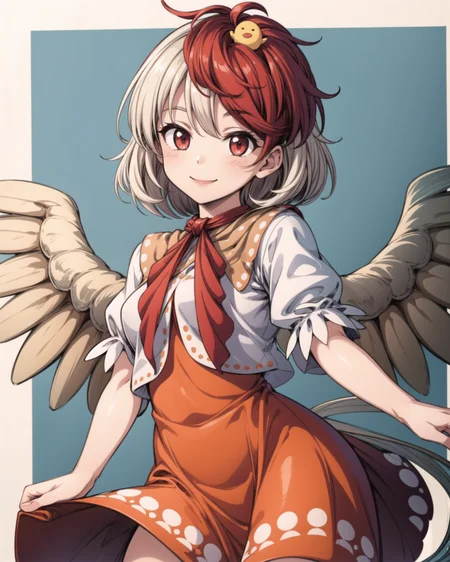 <lora:touhou_niwatari-10:1.0>, cowboy shot, solo, 1girl, niwatari kutaka, smile, looking at viewer, bird on head, orange dress, shirt, puffy short sleeves, wings, tail, <lora:add_detail:1>, masterpiece, best quality, perfect composition, <lyco:GoodHands-beta2:1.0>