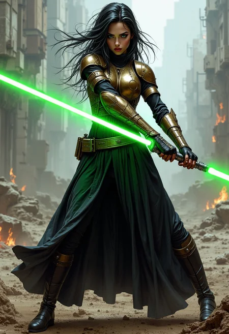 Illustration combining oil-canvas and semi-realistic comic-book style image with a Star Wars theme, star wars style, mythp0rt, Pale skin tone, dynamic, woman. The main subject of the image is a beautiful French woman in her 30s. She is a goth girl with very pale skin, with messy black hair, blue eyes, high cheekbones, and full rosy lips. She has one beauty mark mole beside her mouth. She has smokey eyeshadow. She is wearing a sci-fi bronze raiment of armor including a breastplate. She is wearing long black robes, leather boots, bracers, belt, featuring a long skirt. She is attacking with a green lightsaber in a glamorous pose, stretching in such a way that it demonstrates sensual physicality, at unique angles. She is standing on a dramatic battlefield, occluded with smoke and dust. Sharp Focus, Volumetric Lighting, Realistic Shading, Octane Render, Realistic, professional, 4k, highly detailed,, portrait photography, capturing emotion, personality, flattering lighting, professional, engaging, compelling composition.