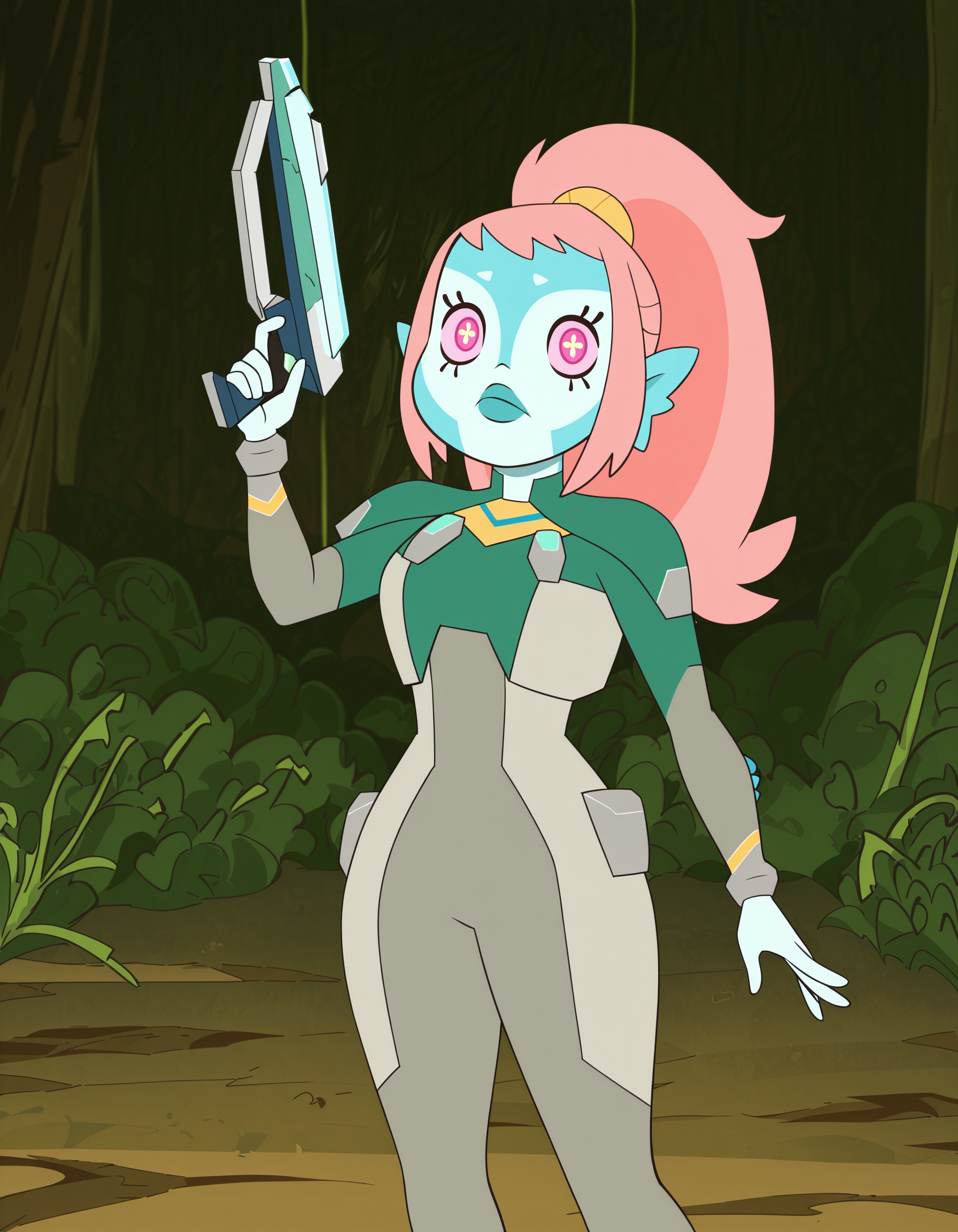 akila, 1girl, alien, blue skin, pink hair, colored skin, ponytail, long hair, pink eyes, head fins,+ +, solo, symbol-shaped pupils, breasts,bodysuit,nature, looking at viewer, holding weapon,     <lora:AkilaIllustrious1.0JLFO:1>