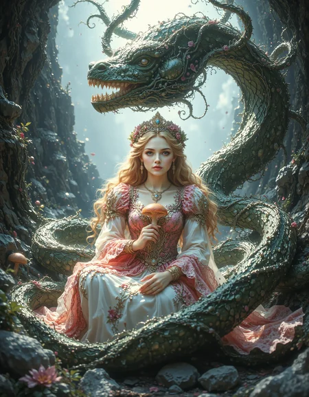 R3alisticF, Face close up, gorgeous perfect eyes, highly detailed eyes, glossy lips. digital fantasy artwork featuring Princess Peach with long blonde hair and pale skin, sitting amidst a large, green Piranha Plant with mouth maw lined with sharp teeth. Princess Peach is wearing a pink and white princess dress with intricate patterns, and she holds a mushroom. The background is a mystical landscape with rocky formations and a soft, ethereal light. The composition is dynamic, with the plant coiling around the woman, creating a sense of movement and tension. The overall color palette is cool, with shades of white, black, and hints of pink, enhancing the otherworldly atmosphere. (maximum ultra high definition image quality and rendering:3), maximum image detail, maximum realistic render, (((ultra realist style))), realist side lighting, , 8K high definition, realist soft lighting, (amazing special effect:3.5) <lora:FluxMythR3alisticF:1>