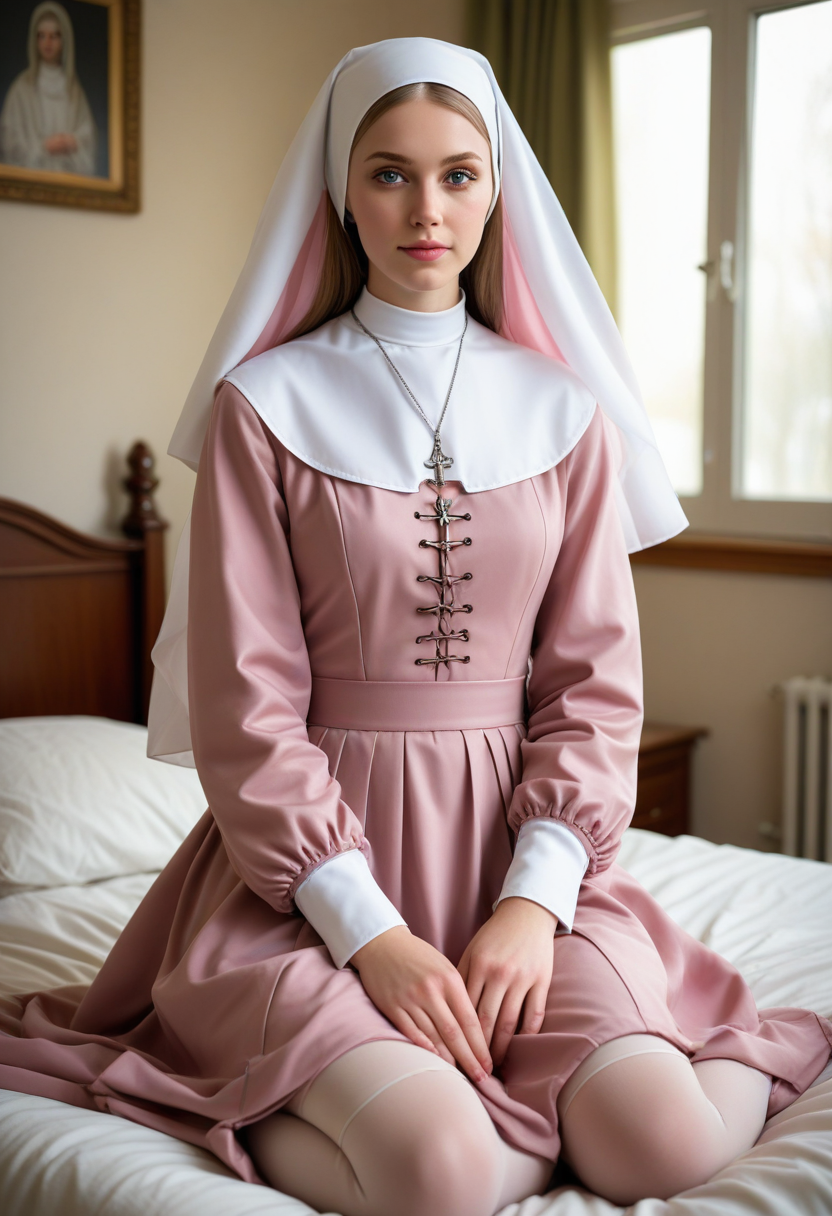 ((fashion photography)), perfect face, perfect eyes, (medium full shot) of  (angelic nun) young woman, swedish, blue eyes, fair skin, fair skin, olive green eyes, Medium, hazel hair, wearing rose pink  habit with a veil and long-sleeves, ankle-length skirt, white stockings, traditional nun's coif, black lace-up boots, holding a worn leather-bound Bible, set in  Palliative Care bedroom, Warm and inviting, soft lighting, comfortable recliners, soothing artwork, family seating area, end-of-life support resources , at night, smiling at the viewer, masterpiece, best quality, photorealistic, very aesthetic