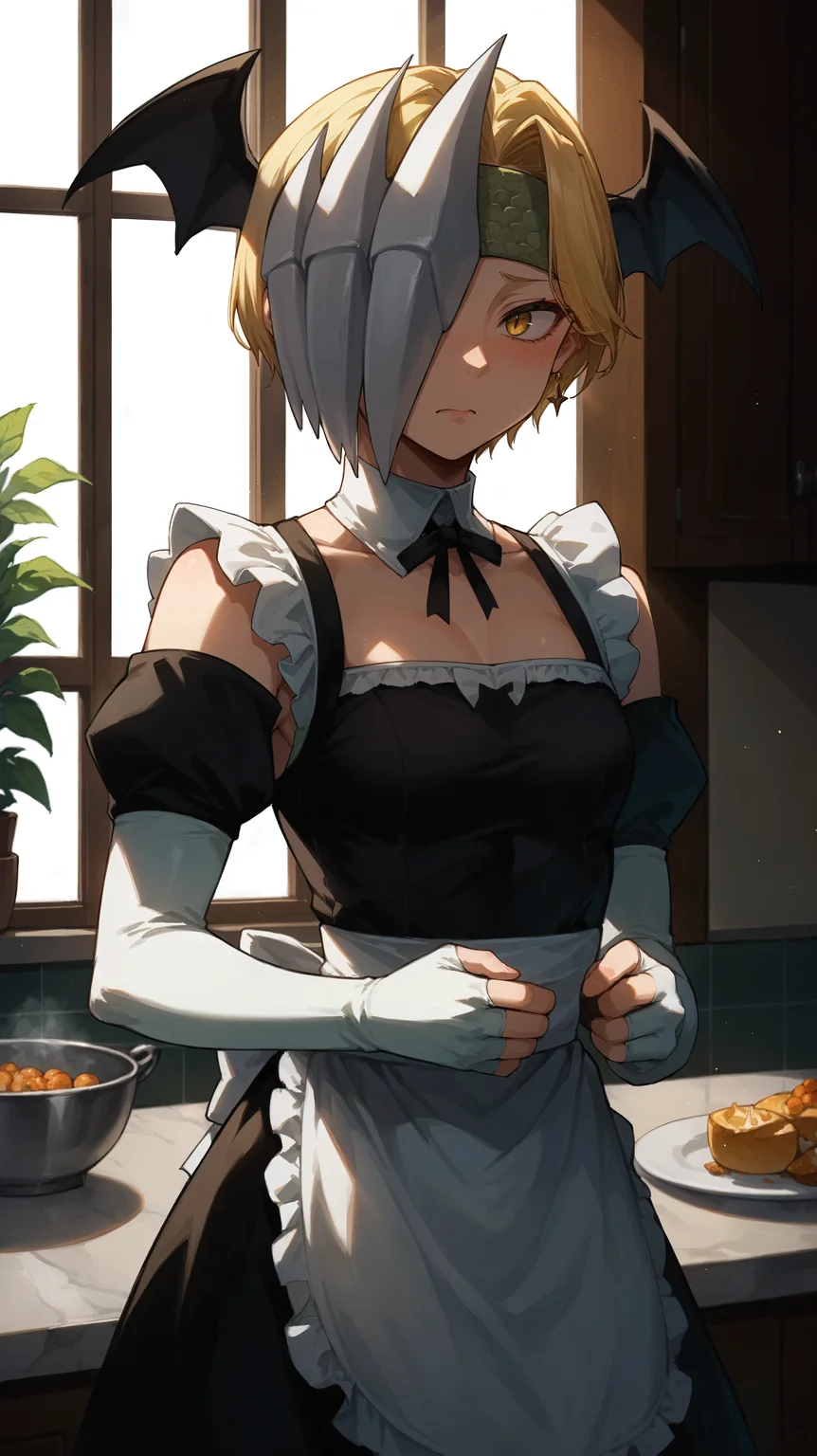 score_9,score_8_up,score_7_up,score_6_up, <lora:xl_more_art-full_v1:0.5>, source_anime, woman, dynamic pose, feminine pose, <lora:Ryuko Tatsuma (Ryukyu) - Pony:0.8>, short hair, blonde hair, yellow eyes, half mask, mask covering one eye, head wings, bat wings, earrings, green headband, black dress, maid dress, maid headdress, white gloves, long gloves, fingerless gloves, black leglet, kitchen, large window, light rays, soft lighting, embarrassed,