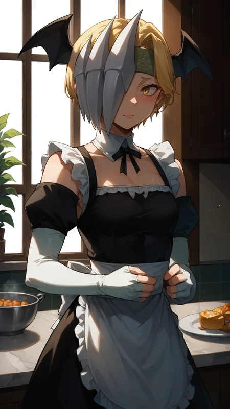 score_9,score_8_up,score_7_up,score_6_up, <lora:xl_more_art-full_v1:0.5>, source_anime, woman, dynamic pose, feminine pose, <lora:Ryuko Tatsuma (Ryukyu) - Pony:0.8>, short hair, blonde hair, yellow eyes, half mask, mask covering one eye, head wings, bat wings, earrings, green headband, black dress, maid dress, maid headdress, white gloves, long gloves, fingerless gloves, black leglet, kitchen, large window, light rays, soft lighting, embarrassed,