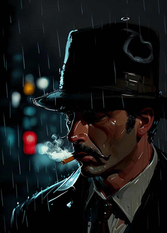 (speed painting)+ portrait of a detective smoking a cigarette in the rain, after hours, dark, raining, film noir, wallpaper, UHD, professional
