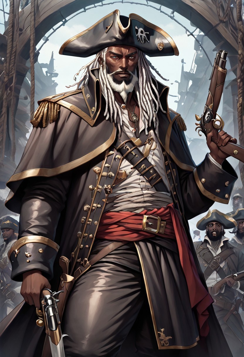 masterpiece, best quality, newest, absurdres, highres, anime, anime style, PAV1.0IL, pirate, 1boy, pirate, pirate hat, sword, holding sword, weapon, holding weapon, holding gun, gun, firearm, pistol, dark skin, darks-kinned male, beard, white hair, dredlocks,
