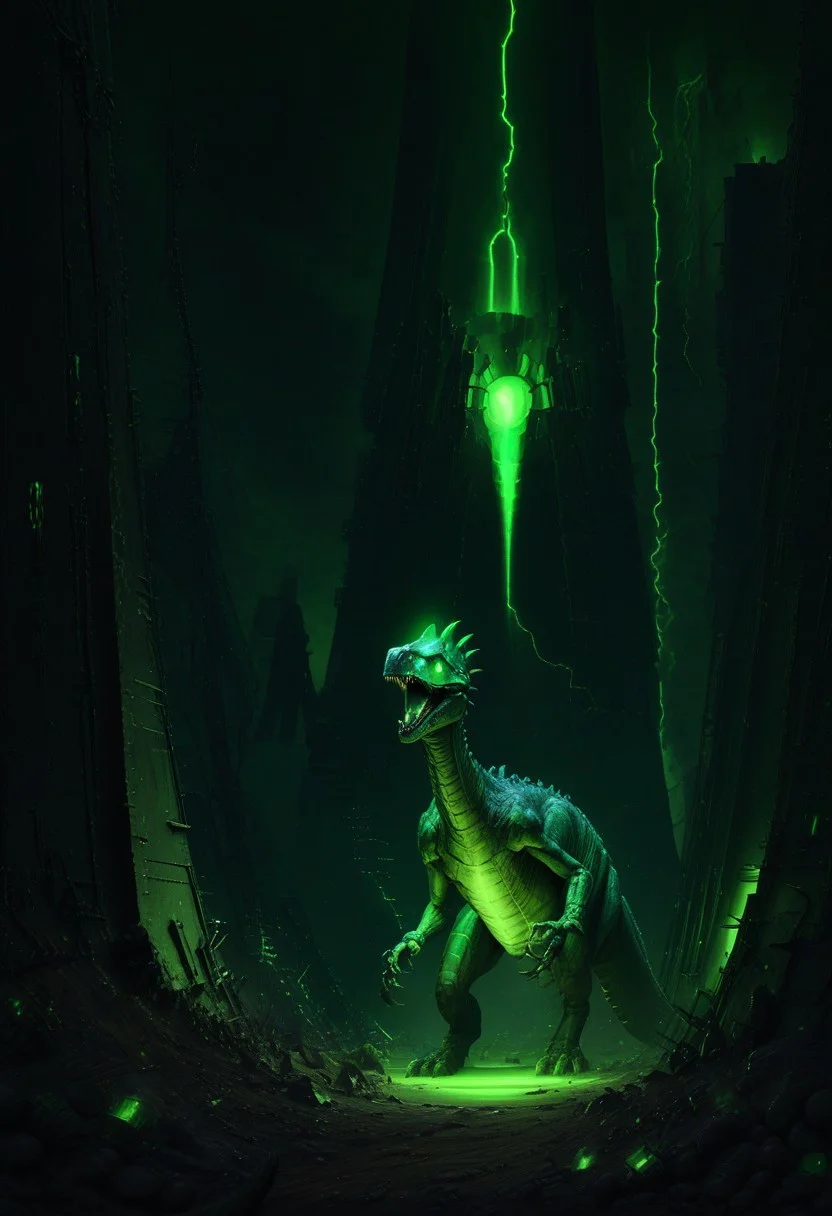 Necron, electricity, green glow, green theme, dinosaur,