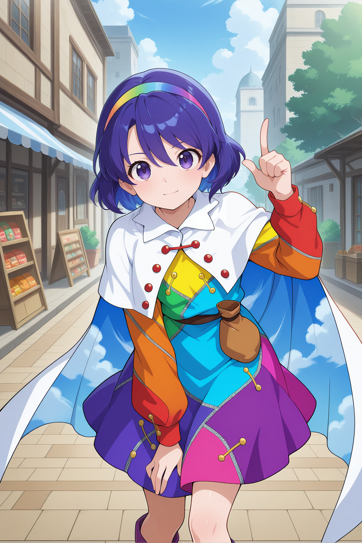 absurdres, highres, masterpiece, best quality, amazing quality, official anime artwork, screencap, anime screencap, outdoors, looking at viewer, light smile, dynamic pose, standing, 
 <lora:Chimata-Tenkyuu_Illustrious:1> tenkyuu chimata, 1girl, solo, purple eyes, blue hair, shot hair,, multicolored hairband, multicolored dress, long sleeves, white cape, purple boots,
pointing up, pointing down, shop,