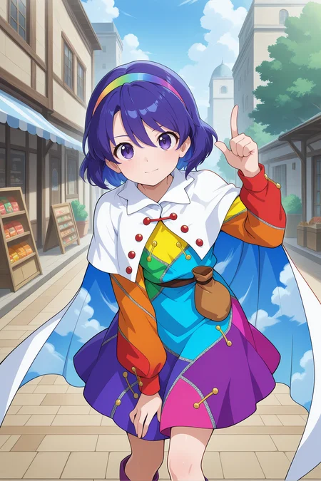 absurdres, highres, masterpiece, best quality, amazing quality, official anime artwork, screencap, anime screencap, outdoors, looking at viewer, light smile, dynamic pose, standing, 
 <lora:Chimata-Tenkyuu_Illustrious:1> tenkyuu chimata, 1girl, solo, purple eyes, blue hair, shot hair,, multicolored hairband, multicolored dress, long sleeves, white cape, purple boots,
pointing up, pointing down, shop,
