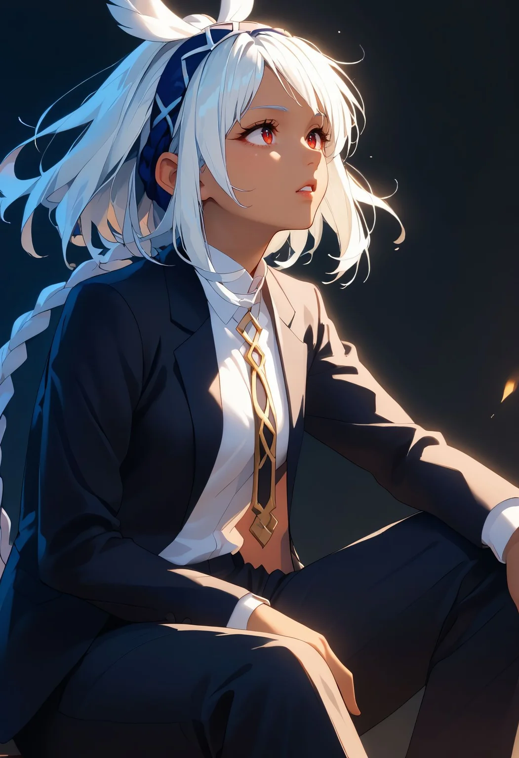 score_9,score_8_up,core_7_up, <lora:mualani_genshin_impact_pdxl_goofy:1>mualaniGi, white hair, blue hair, braid, hairband,dark-skinned female, red eyes,long hair, twin braids, white shirt, suit, black suit,sitting, pants, black background, dynamic pose, parted lips, 1girl,solo,backlighting, dutch angle,
