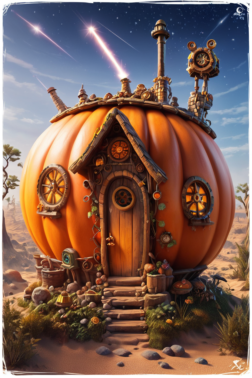 score_9, score_8_up, score_8,  ,,,  zzPumpkinHouse, (steampunk:1.5), scifi, space, shooting stars, desert, sand, rocks,  ,<lora:PumpkinHouse_PDXL_v1:0.8>,  ,,, embedding:zPDXL,  <lora:SDXLFaeTastic2400:0.5>,