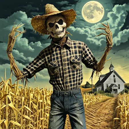 <lora:Rural_EldrichSDXL:1> Rural Eldrich, The image is a digital illustration of a scarecrow standing in a cornfield. The scarecrow is wearing a straw hat with a skull-like face and a plaid shirt. It has two arms that are stretched out to the sides with the fingers pointing upwards. The background shows a full moon in the sky and a house in the distance. The overall mood of the image is eerie and spooky., shirt, cloud, sky, outdoors, 1boy, solo, hat, pants, straw hat, collared shirt