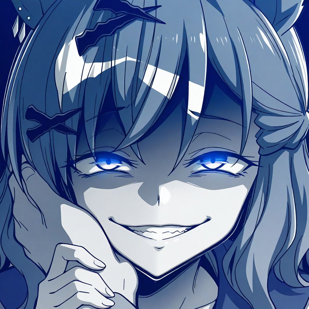 J_Pocket, 1girl, gesugao,evil smile, ebiblue, gesugao,, glowing eyes, colored eyes, shaded face,edgGesugao,sadistic smile,,blue theme, Jungle Pocket , JunglePocket ,horse ears, jungle_pocket_(umamusume), blue color, blue line art, (monochrome,  face focus, greyscale : 0.8) ,anime screenshot, anime screencap, umamusume style(BEGINNING OF A NEW ERA) style, simple background, hand grab another head