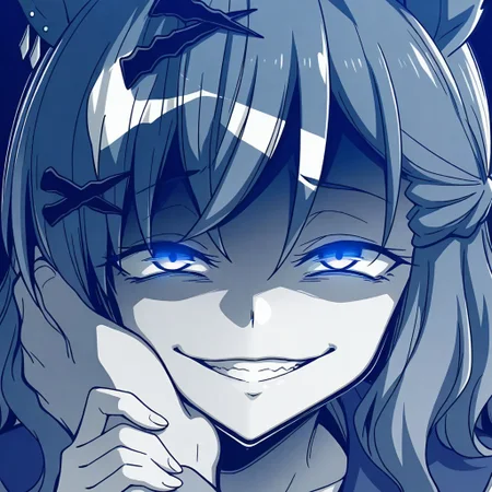 J_Pocket, 1girl, gesugao,evil smile, ebiblue, gesugao,, glowing eyes, colored eyes, shaded face,edgGesugao,sadistic smile,,blue theme, Jungle Pocket , JunglePocket ,horse ears, jungle_pocket_(umamusume), blue color, blue line art, (monochrome,  face focus, greyscale : 0.8) ,anime screenshot, anime screencap, umamusume style(BEGINNING OF A NEW ERA) style, simple background, hand grab another head