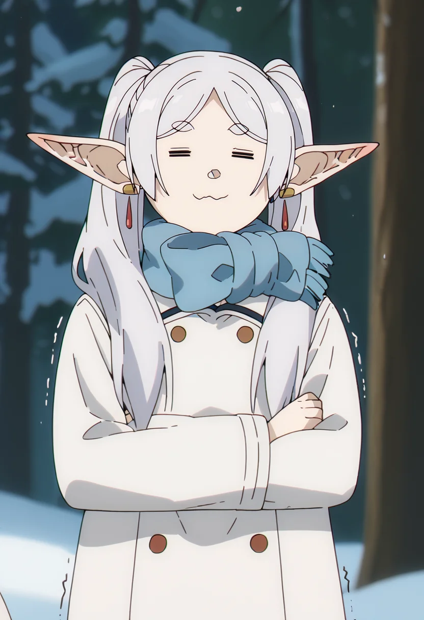 score_9, score_8_up, score_7_up,
<lora:ChamElfExpressionPonyXL:1>,
<lora:SousouNoFrieren_FrierenXL:0.9>, FrierenSSnF,
1girl, solo, wavy mouth, ear blush, :3,
grey hair, long hair, closed eyes, = =, twintails, parted bangs, earrings, pointy ears,
FrierenWinter, white coat, blue scarf, buttons, long sleeves,
standing, looking at the viewer, crossed arms, trembling, shiver lines,
forest, tree, winter, snow, snowing, blizzard, cold, nature, photo background, blurry background