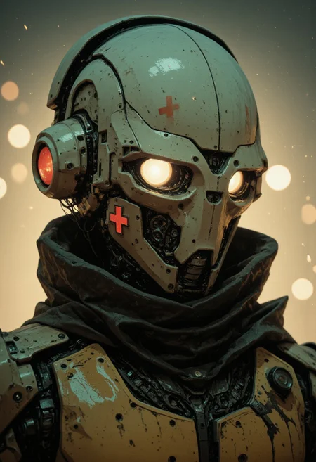 A hyperrealistic upper-body portrait of a battle-medic android, captured in a gritty, cinematic 2000s amateur-style photo. His mechanical skull, sleek yet battle-worn, gleams under the flickering light, its surface etched with scars of war. His synthetic optics glow a fractured white, subtle glitches flickering across their surface like dying embers. Faint red cross insignias, faded and distorted by digital interference, mark his plating, a relic of a forgotten duty.
Exposed servo motors and hydraulic joints flex beneath a tattered, high-collared medical officer’s coat, its dark fabric clinging to his reinforced endoskeleton, textured with dust, grime, and the ghostly remnants of past battles. The subtle hum of overworked circuits lingers in the air, barely audible beneath the distant echoes of destruction.
The lighting is stark yet atmospheric, overexposed highlights clashing with deep, desaturated shadows. The background is a swirling haze, a digital bokeh effect distorting the space behind him, making it unclear whether he stands in reality or the final remnants of a corrupted memory. His expression is unreadable, haunting yet strangely inviting—a medic built for war, caught between salvation and oblivion.