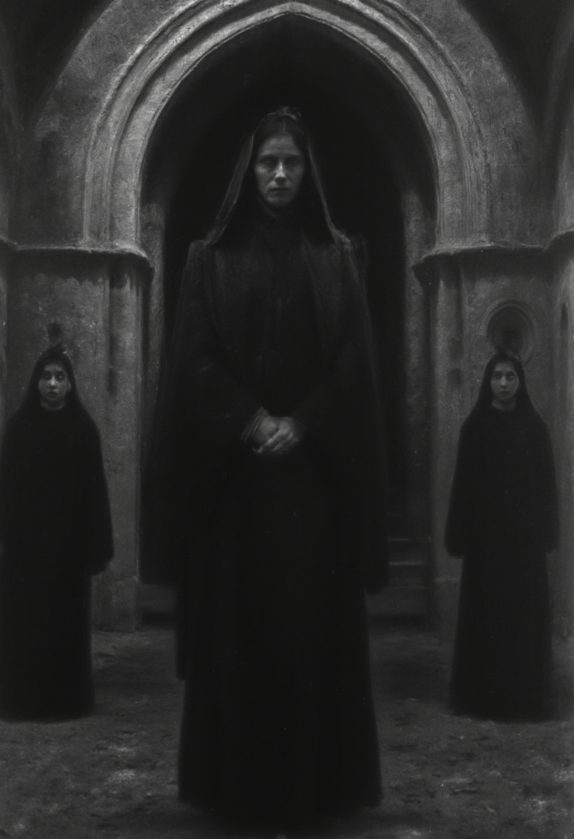 occult, old photo, dark creepy, old nun, cloister, cathedral, black and white photo, dark, shadow, distorted, grainy, film grain, Victorian