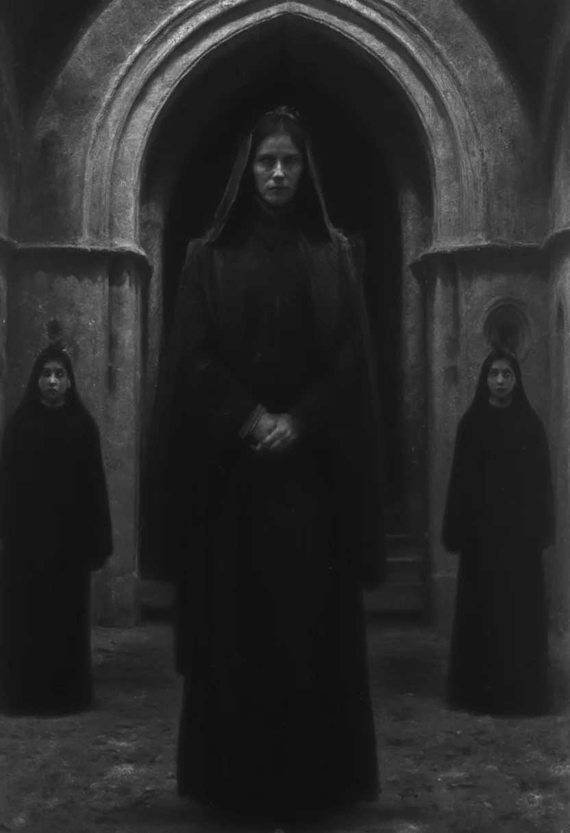 occult, old photo, dark creepy, old nun, cloister, cathedral, black and white photo, dark, shadow, distorted, grainy, film grain, Victorian