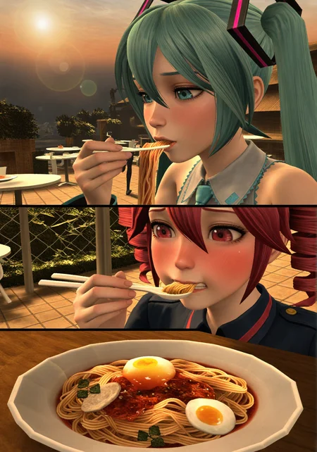 realistic, scenery, masterpiece, best quality, amazing quality, very aesthetic, absurdres, newest, 2girls, hatsune_miku, kasane_teto, eating_spaghetti, pasta, single_plate, indirect_kiss, shy_expression, blushing, outdoor_table, warm_sunset_light, backlighting, soft_shadows, cozy_moment, lens_flare, shallow_depth_of_field, summer_atmosphere, close_up, portrait_view, vertical_composition, 9:16_aspect_ratio <lora:POSTAL_2_Style_Lora_V1.0_ILXL_DIM16_E10:1>, <lora:dmd2_sdxl_4step_lora:1>