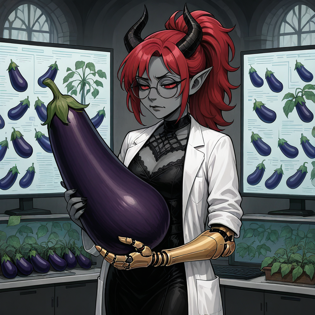 masterpiece, best quality, newest, absurdres, highres, 1girl, solo, solo focus, SOPHV2.0, demon girl, grey skin, colored skin, glasses, round eyewear, prosthetic arm, prosthesis, lab coat, dress, black dress, open coat, red hair, horns, black horns, eggplant, holding plant, holding vegetable, vegetable,