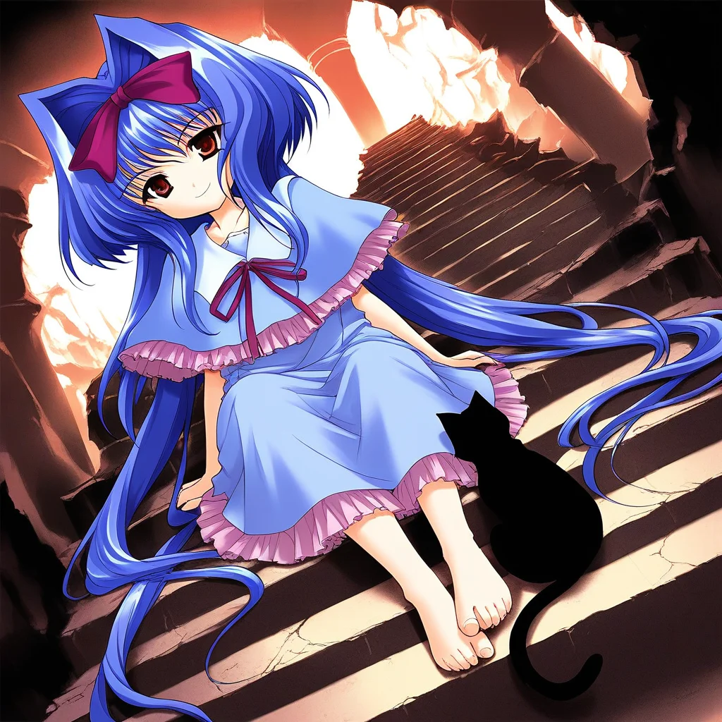 score_9, score_8_up, score_7_up, source_anime, rating_explicit, BREAK <lora:Shion_IES_Ver2.0_XL:1> Shion_IES, very long hair, blue hair, hair bow, hair intakes, brown eyes, short stack,
cat, solo, barefoot, sitting, stairs, dress, black cat, purple hair, capelet, dutch angle, red eyes, hair ribbon, bow, smile, serious.
ruins, cave,