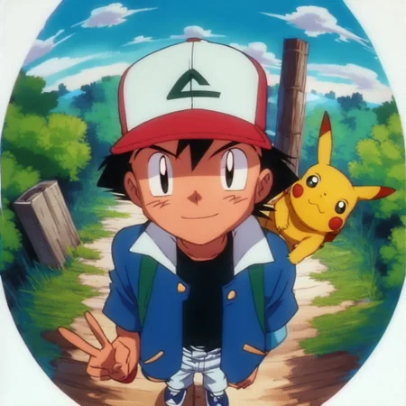 fisheye,white border,from above, standing,full body,score_9,score_8_up,score_7_up,anime screencap,1boy,solo,ash ketchum,pokemon (creature),hat,male focus,baseball cap,black hair,day,on shoulder,blue jacket,shirt,black shirt,sky,pokemon on shoulder,smile,outdoor,looking at viewer,wearing glasses,v sign,smile,a boy in a forest <lora:Fisheye_Style:.8>