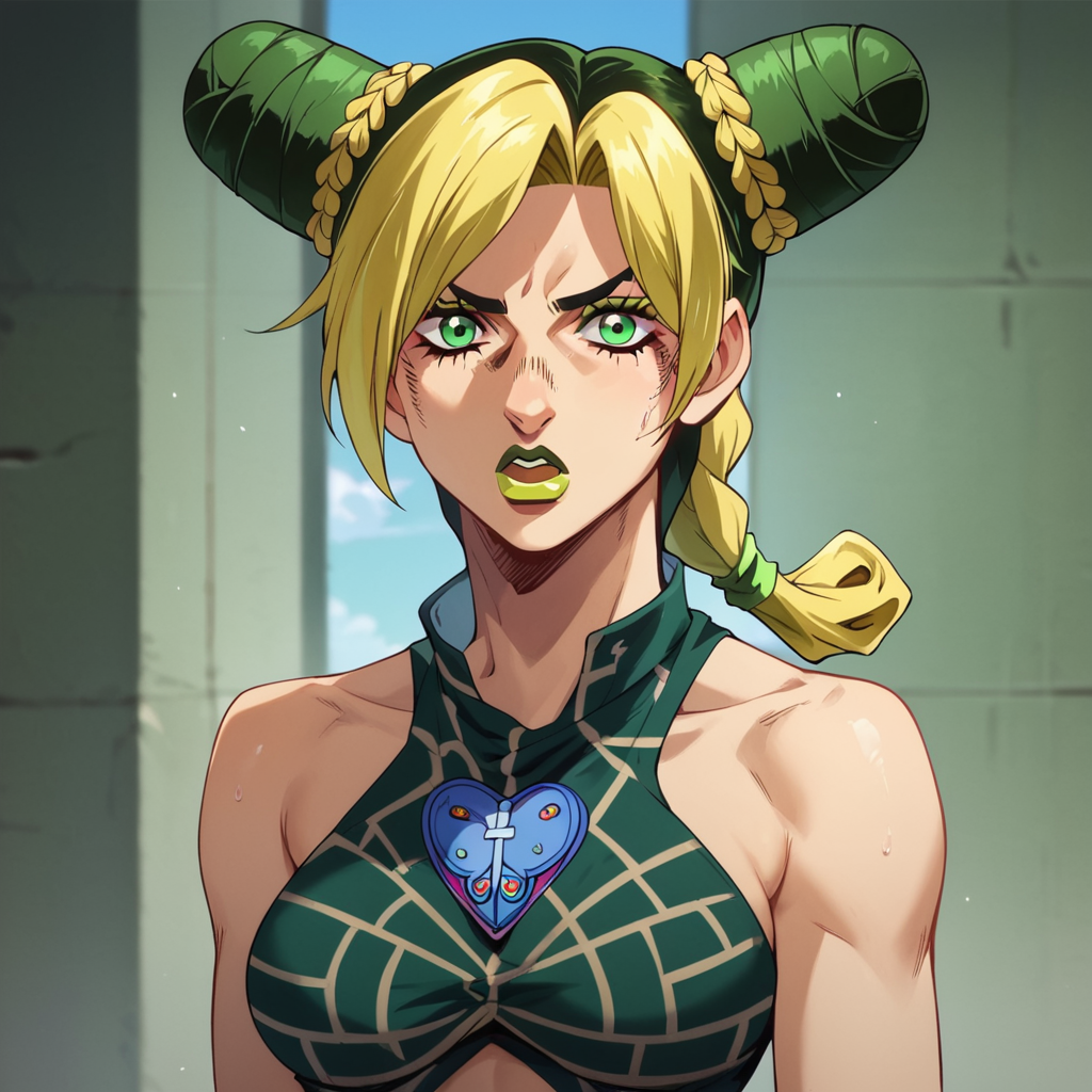 score_9, score_8_up, score_7_up, 1girl, Jolyne, multicolored hair, green hair, blonde hair, green eyes, double bun, braided ponytail, braided bun, lipstick, medium breasts, narrow waist, wide hips, looking at viewer, highres, high quality, masterpiece, <lora:Jolyne_Cujoh:0.8> <lora:Expressive_H:1> Expressiveh