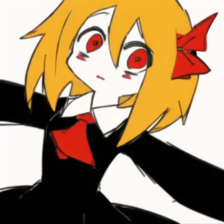 KKHTA_style, sharp_edges, masterpiece, best quality, (upperbody), (Rumia), (simple background:1.3), (white background), <lora:Sloppy Drawing:0.7>, black dress, yellow hair
