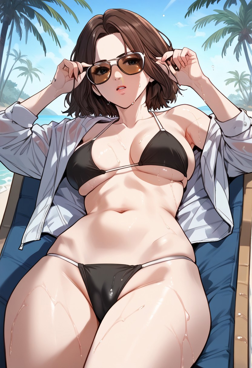zPDXL3, score_9_up, score_8_up, score_7_up, (Anime_source), 1girl, Joanna, dark eyes, brown hair, short hair, wet, cowboy shot, looking at viewer, parted lips, light blush, palm trees, (bikini, lying on chaise lounge), black theme, sunglasses