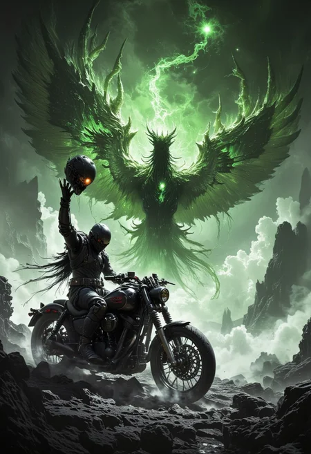 The headless rider dominates the foreground, seated on a powerful, dark motorcycle that rears up, its wheels spinning in the air as if ready to charge. In one hand, he holds his severed head aloft, its glowing eyes casting an eerie light. Behind him, a massive volcano erupts, giving birth to a colossal phoenix made of molten lava and stone. The phoenix’s toxic green magma wings stretch across the sky. The scene is in stark black and white, with only the phoenix and lava glowing in venomous green, creating a surreal, apocalyptic contrast.