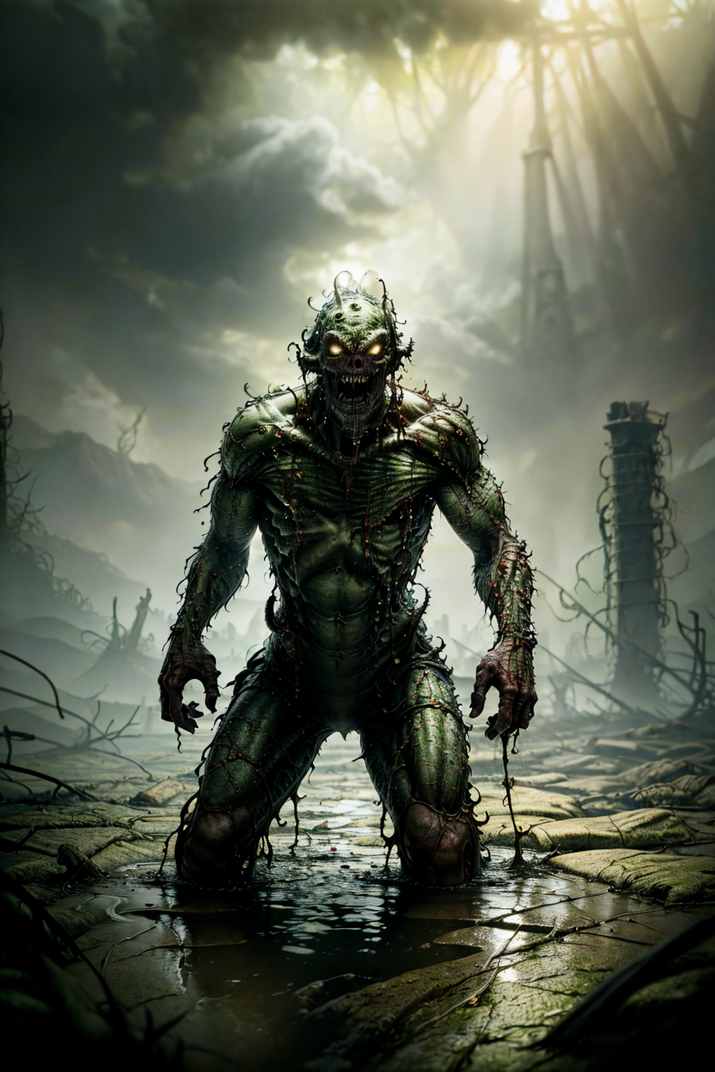 (ohwx) a (swamp zombie) disturbing scene, close up, photography, natural light, photorealism, cinematic rendering, ray tracing, the highest quality, the highest detail, Cinematic, Third-Person View, Blur Effect, Long Exposure, 8K, Ultra-HD, Natural Lighting, Moody Lighting, Cinematic Lighting
 <lora:Hell2_v1.0:0.9>
