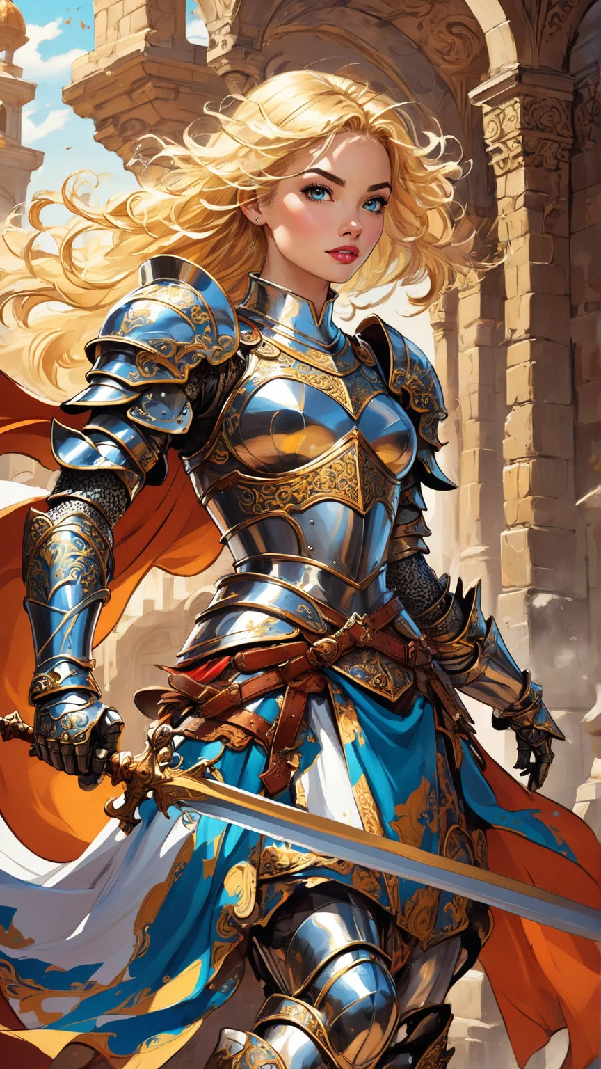 Western comic artstyle, vibrant colors, smooth shading, dynamic poses, expressive characters, high contrast, detailed background, female knight in ornate armor, playful, whimsical, artistic, crisp lines, high resolution, fantasy theme, blonde hair, dynamic pose