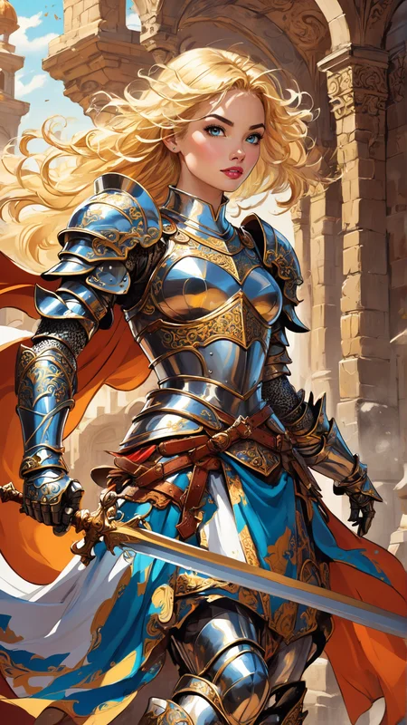 Western comic artstyle, vibrant colors, smooth shading, dynamic poses, expressive characters, high contrast, detailed background, female knight in ornate armor, playful, whimsical, artistic, crisp lines, high resolution, fantasy theme, blonde hair, dynamic pose